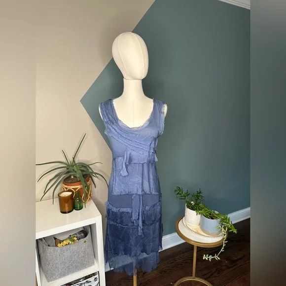 Italian Silk Blend Boho Dress Y2K Layered Asymmetrical Sleeveless Artsy Size S - Picture 2 of 12